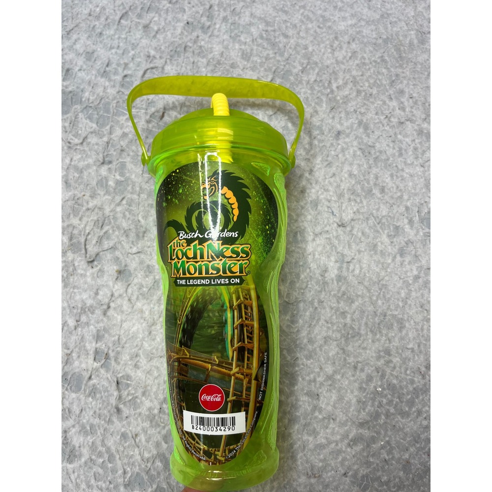 Busch Gardens Loch Ness Monster Souvenir Cup Neon Green‎ Coca-Cola Tumbler Straw